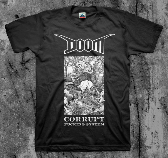 DOOM_Corrupt_Fucking_System_T_shirt_Front_in_Australia_Global_Disrupt_Records