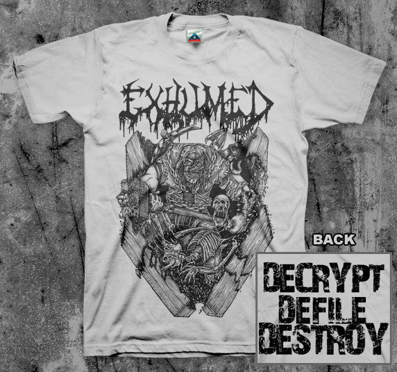 EXHUMED_Casket_Crusher_T_shirt_Front_Back_in_Australia_Global_Disrupt_Records