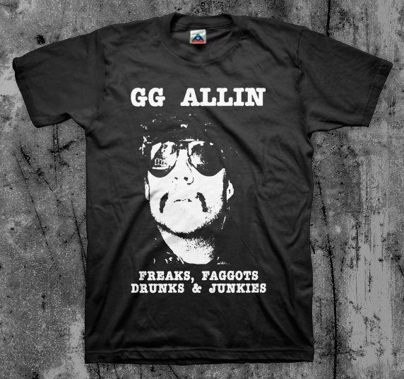 GG_ALLIN_Freaks_Faggots_Drunks_and_Junkies_T_shirt_Front_in_Australia_Global_Disrupt_Records