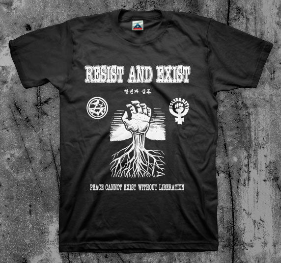 RESIST_AND_EXIST_Peace_Cannot_Exist_T_shirt_Front_in_Australia_Global_Disrupt_Records