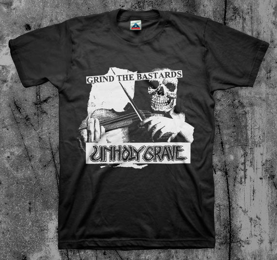 UNHOLY_GRAVE_Grind_The_Bastards_T_shirt_Front_in_Australia_Global_Disrupt_Records